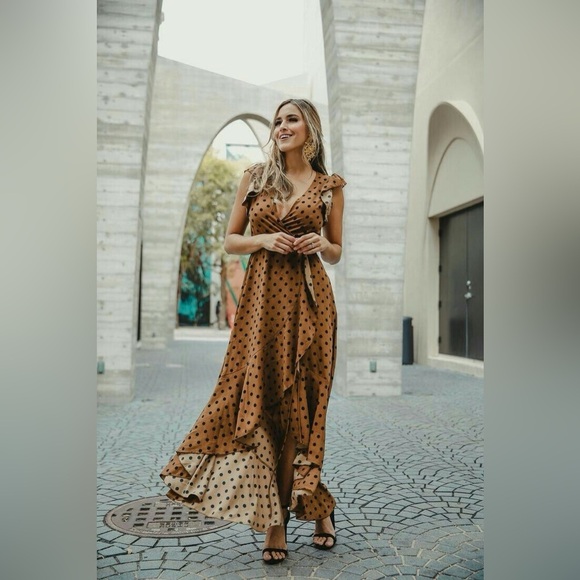 Brown Polka Dot Skirt VICI Mama Mia Polka Dotted Wrap Maxi Dress sz: Small Retro - Picture 3 of 16